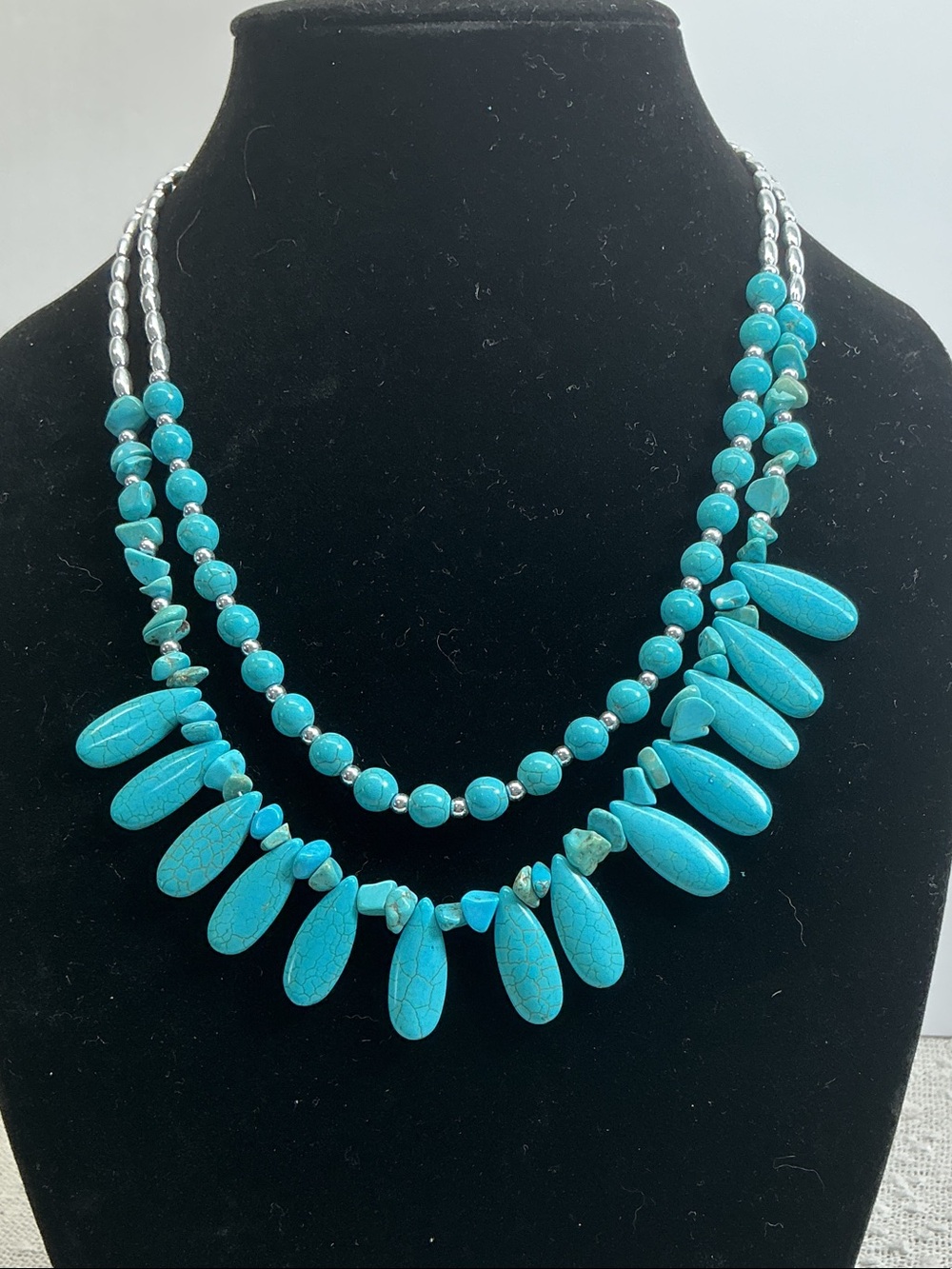 Turquoise Beaded Double-Strand Fringe Teardrop Necklace